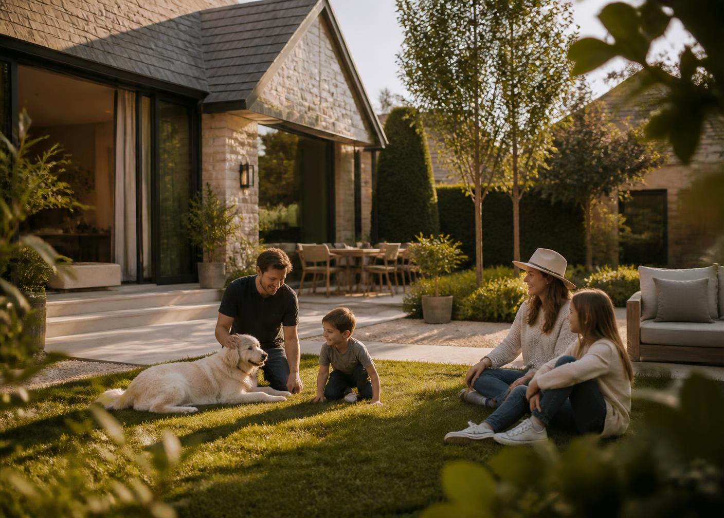 Family and dog relaxing in a maintained backyard