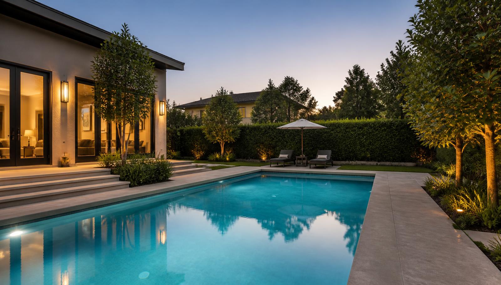 Clean residential pool beside a modern home at dusk